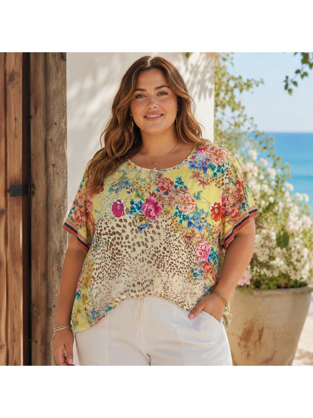 Johnny Was SZ XXL Wildflower Favorite Short Sleeve Crew Neck Swing Tee Bamboo